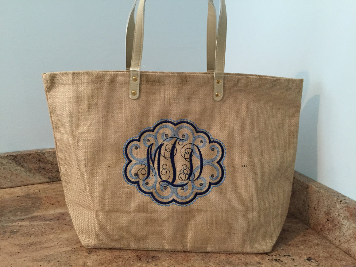 Monogrammed Personalized Shopping Tote Purse Jute Burlap Rafia