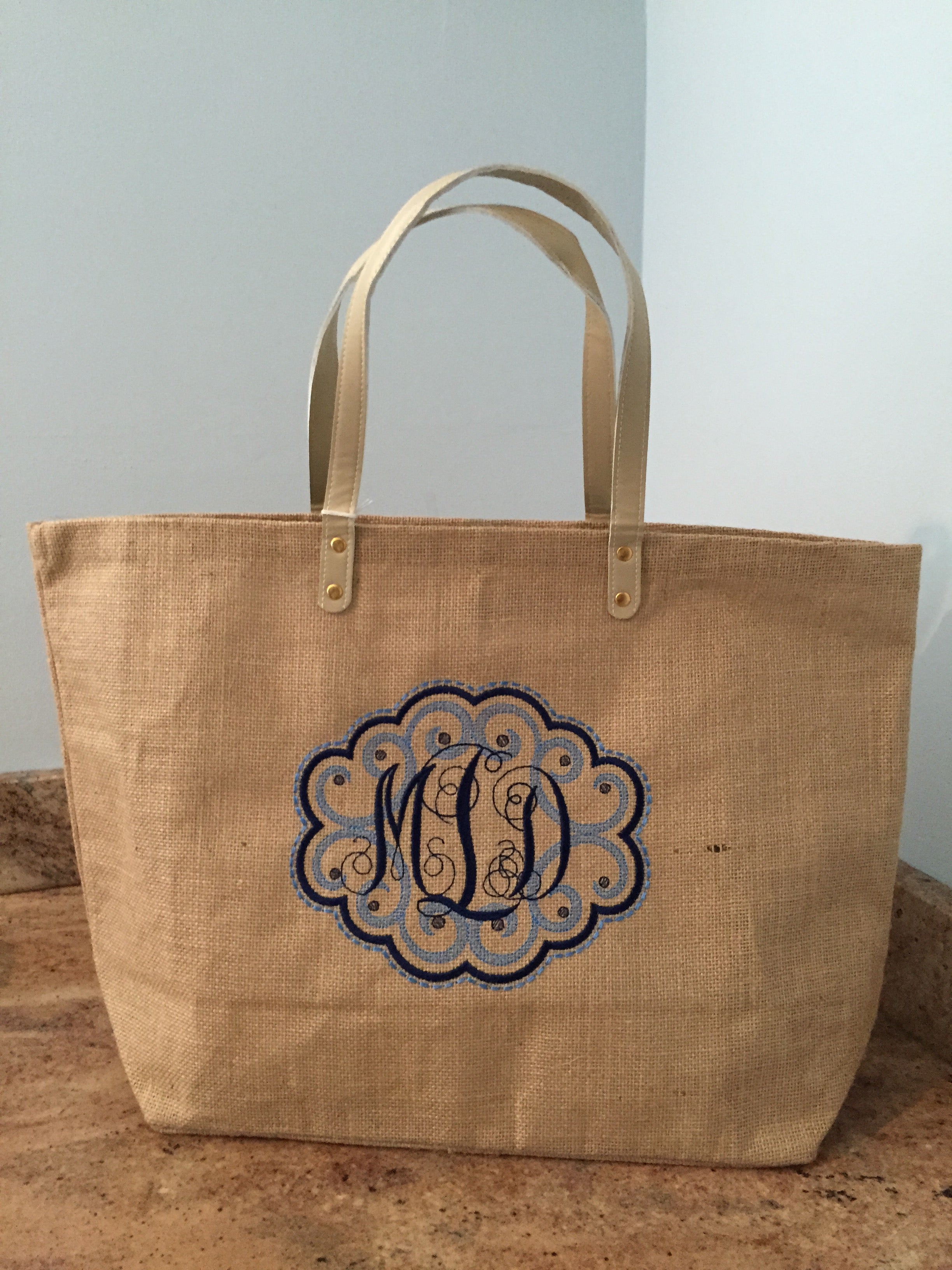 Monogrammed Personalized Shopping Tote Purse Jute Burlap Rafia