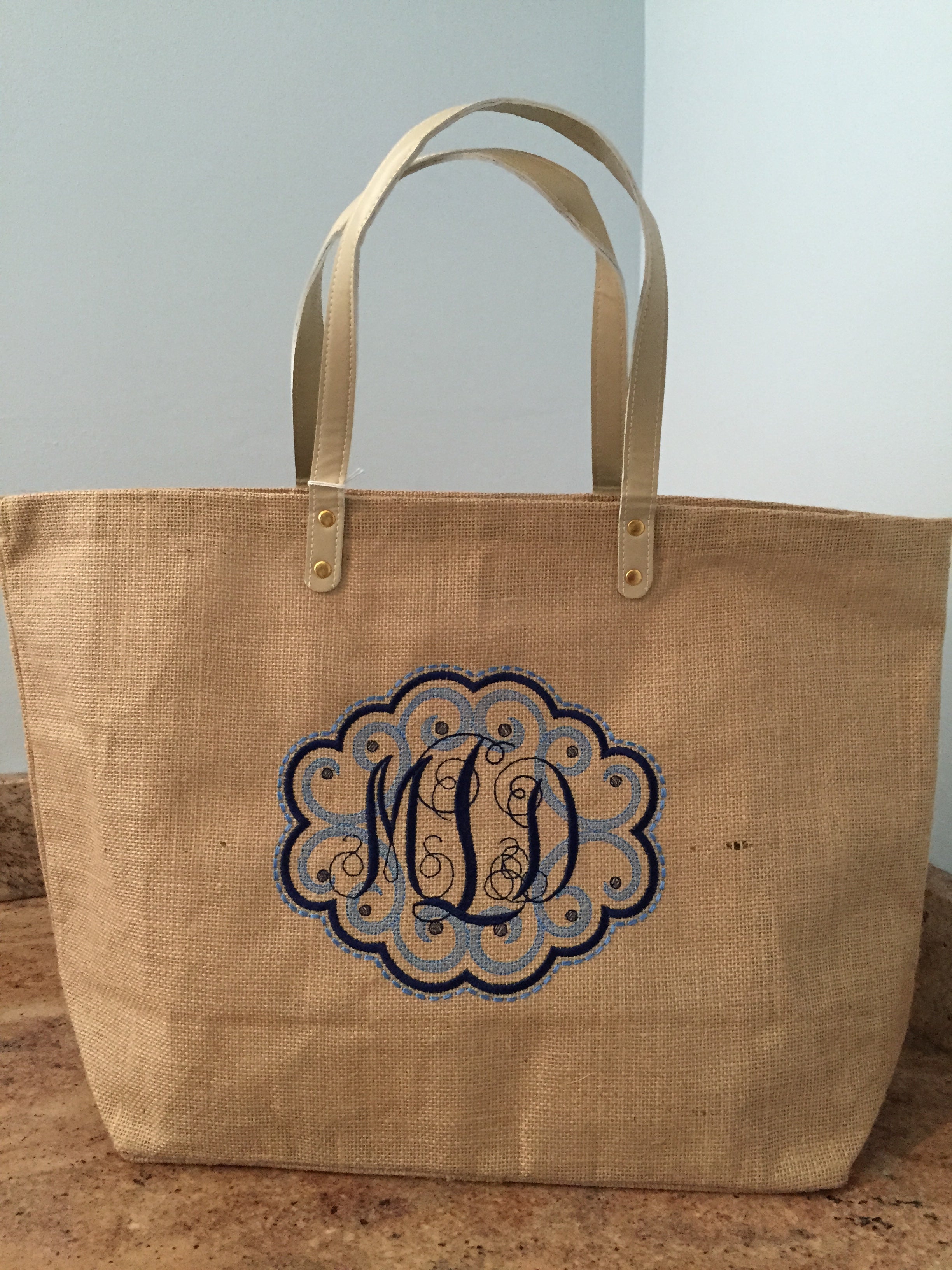 Monogrammed Personalized Shopping Tote Purse Jute Burlap Rafia