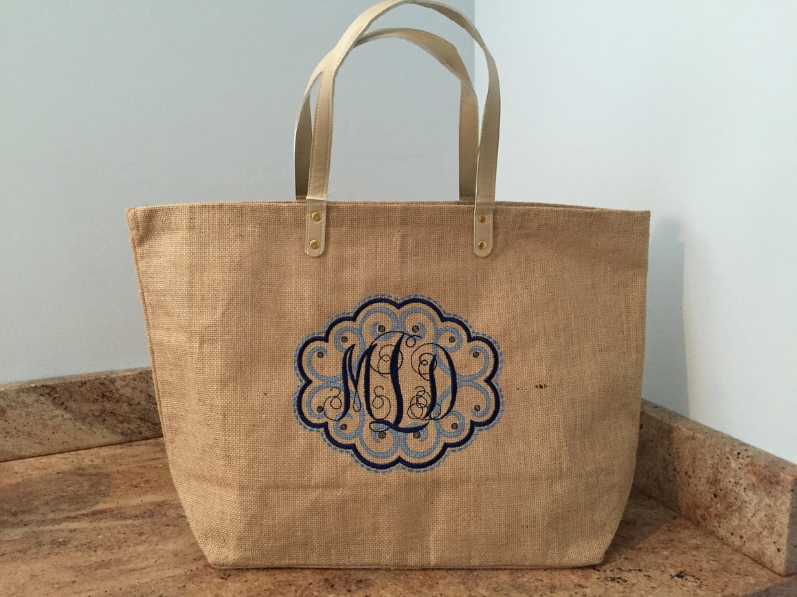 Monogrammed Personalized Shopping Tote Purse Jute Burlap Rafia