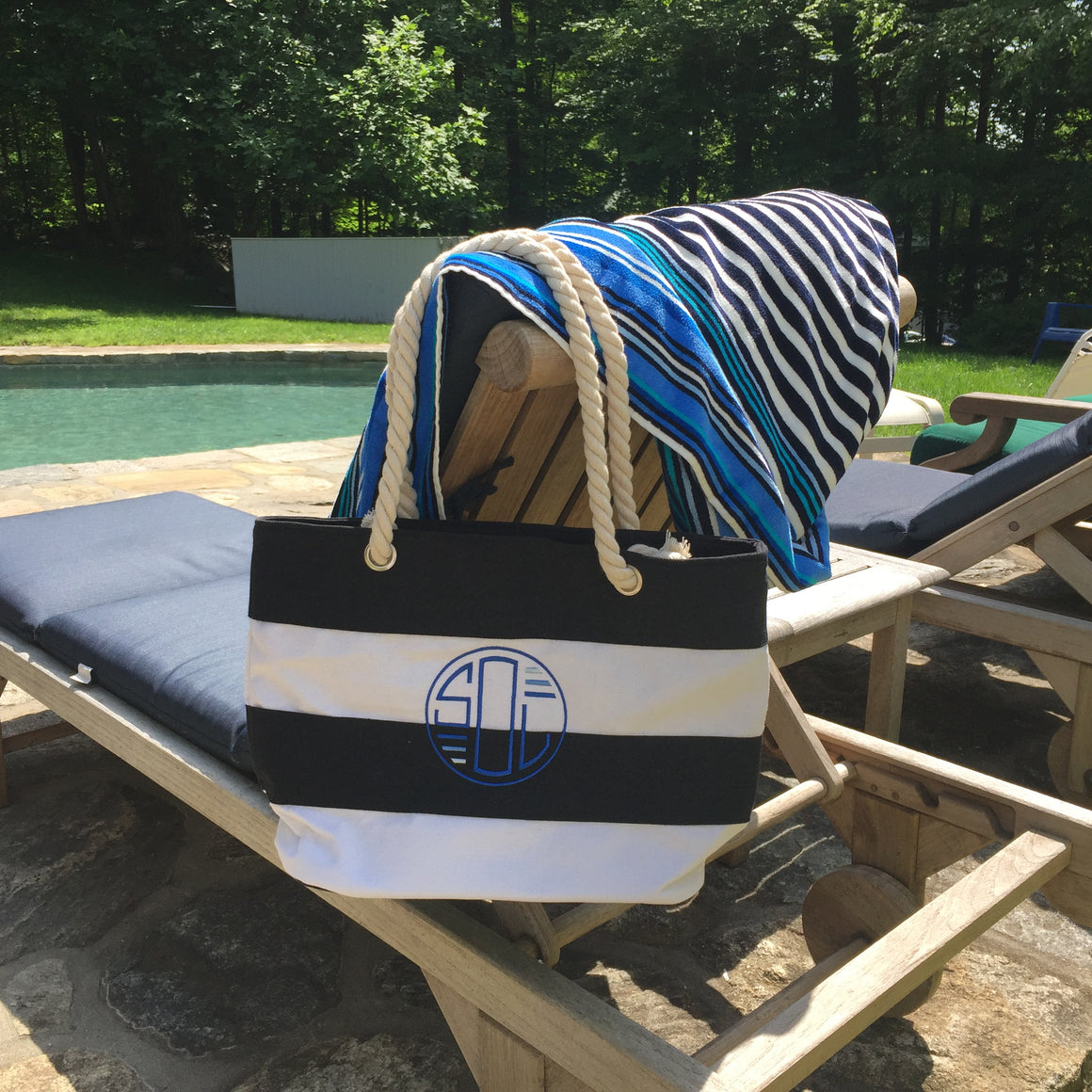 Monogrammed Personalized Shopping Tote/Purse Striped with Rope Handle and Matching Towel