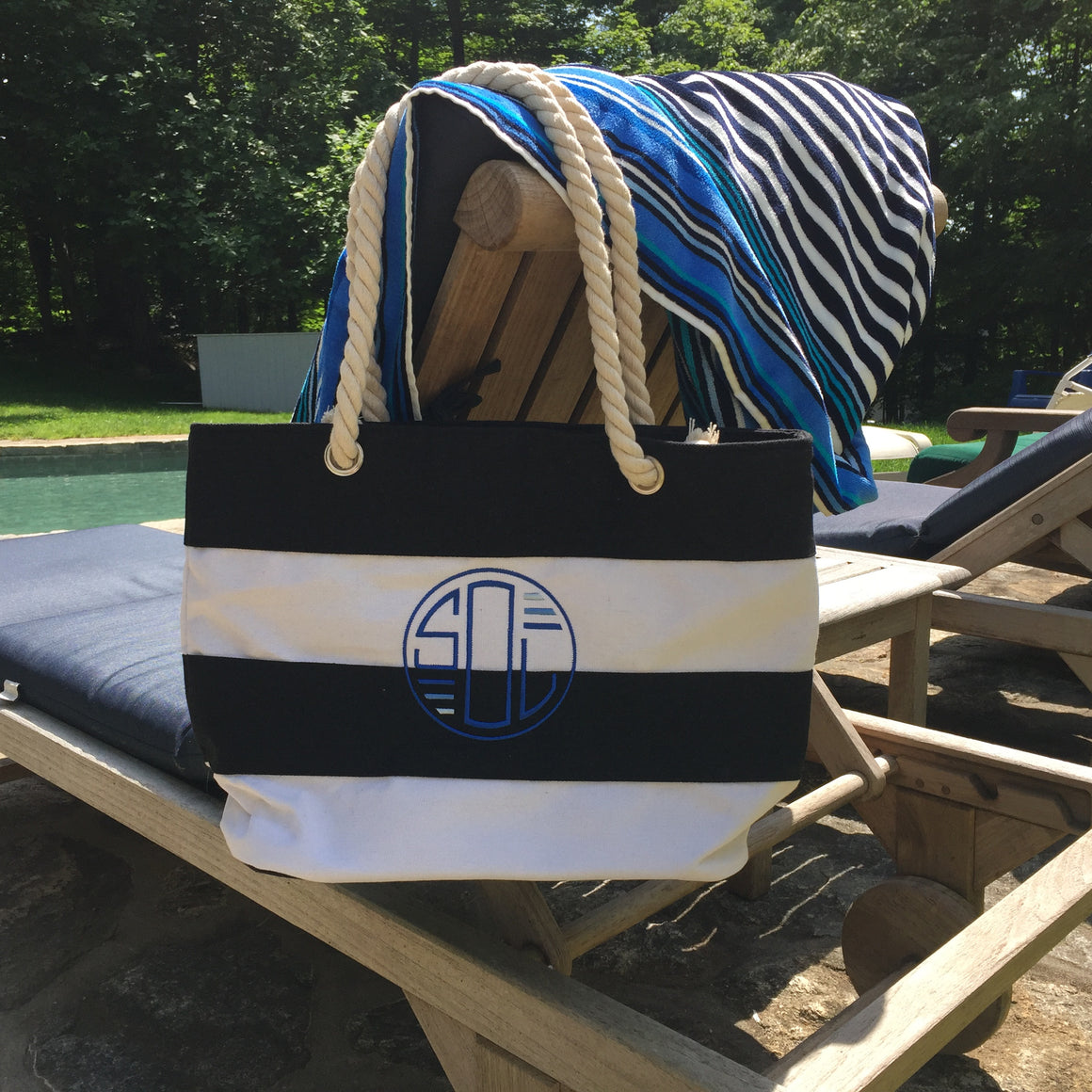 Monogrammed Personalized Shopping Tote/Purse Striped with Rope Handle and Matching Towel