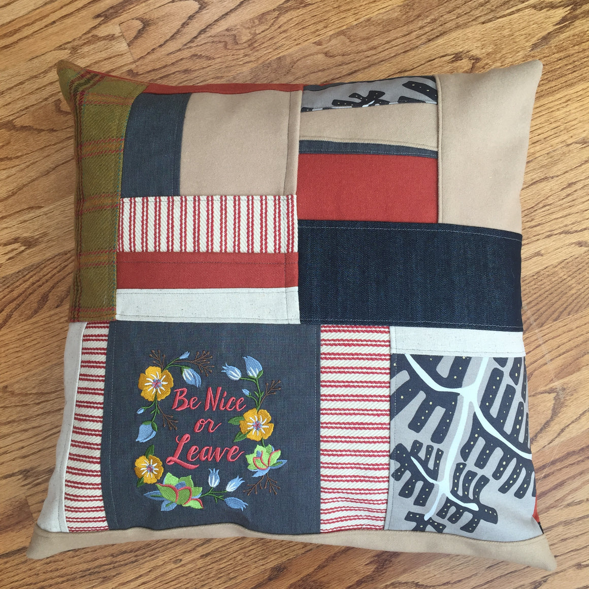 Snarky Patchwork Pillow - Be Nice or Leave