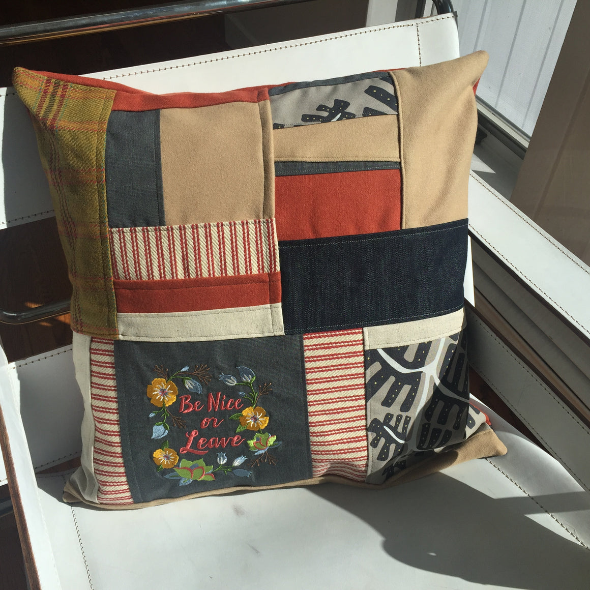 Snarky Patchwork Pillow - Be Nice or Leave