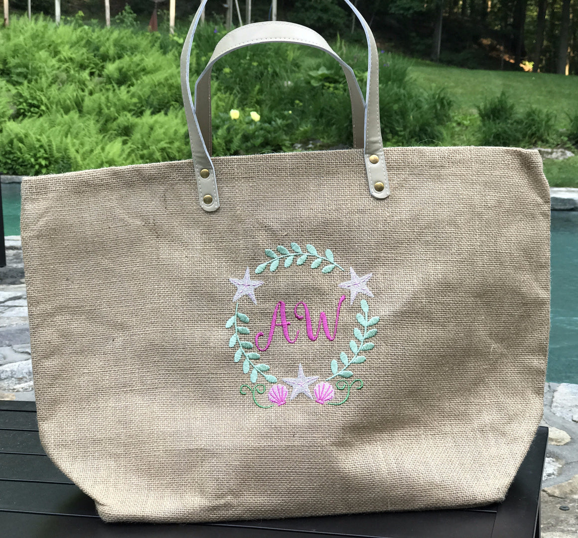 Monogrammed Personalized Jute Burlap Shopping Tote / Purse