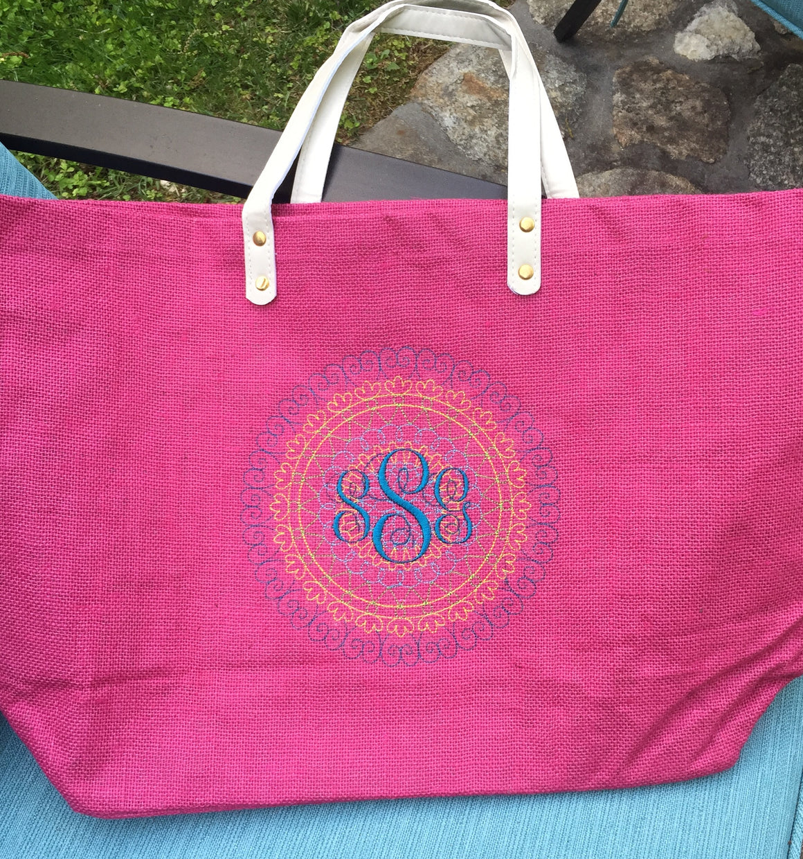 Monogrammed Personalized Shopping Tote Purse Jute Burlap Rafia