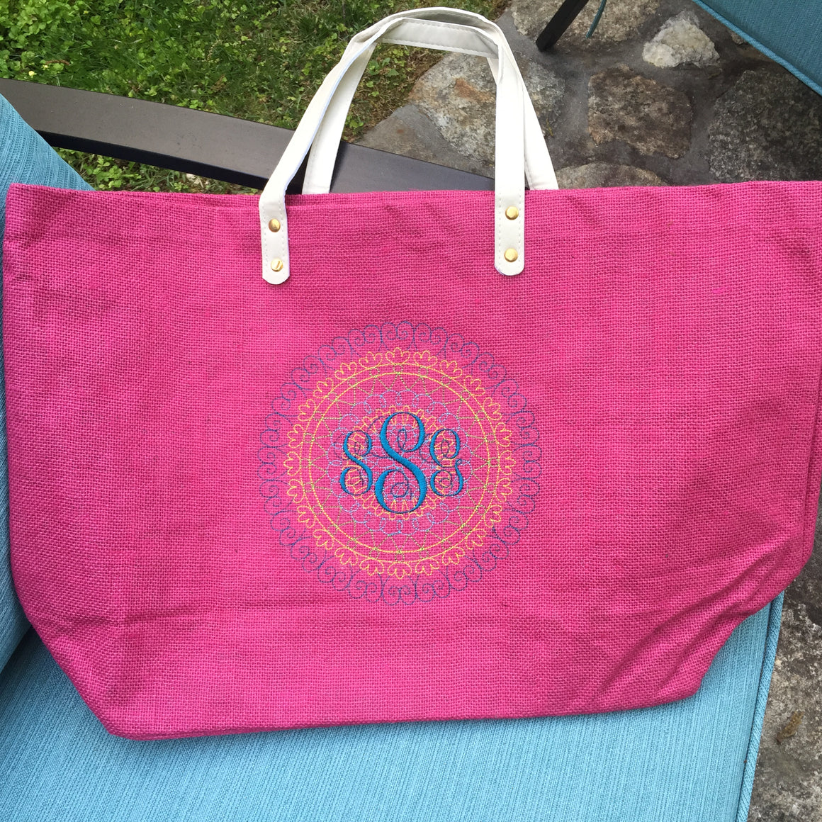 Monogrammed Personalized Shopping Tote Purse Jute Burlap Rafia